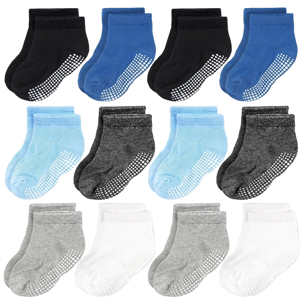 CozyWay Low-Cut Grip Toddler Socks - Non-Slip Grippers - Soft Cotton Comfort Kids Socks - 3T-5T - Pack of 12 - Blue/White/Black